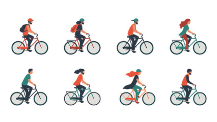Naklejka premium Diverse Cyclists Collection. Vector set of 8 people (men and women) riding bicycles for urban commuting, sport, healthy lifestyle, and recreation, isolated on white.