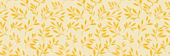 Seamless vector pattern with golden yellow leafy branches on light background, minimalist botanical repeat in warm tones, ideal for fabric, wallpaper, stationery, wrapping © incarnadine