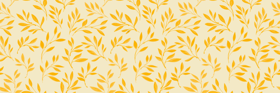 Seamless vector pattern with golden yellow leafy branches on light background, minimalist botanical repeat in warm tones, ideal for fabric, wallpaper, stationery, wrapping