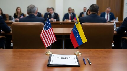 Meeting between representatives of the United States and Venezuela discussing agreement draft with flags present Generative AI