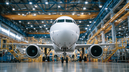 Fototapeta premium Cinematic side view of passenger airplane in hangar, technicians performing fuselage and engine inspection, scaffolds and equipment around, soft shadows and industrial lighting emp