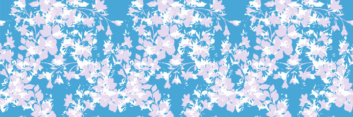 Seamless vector floral pattern with soft lilac and white flowers on a bright blue background. Elegant botanical design ideal for textiles, wallpaper, fashion prints, and home decor