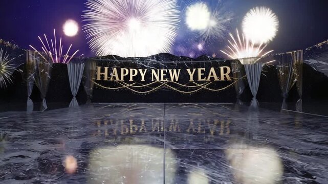 Fireworks reflections ripple gently across the surface The camera performs a slow dolly forward Sparkling highlights drift softly Cinematic realism 