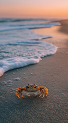Close-up of a small crab on a luminous beach at sunset