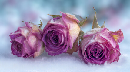 Frozen pink roses with frost and snow
