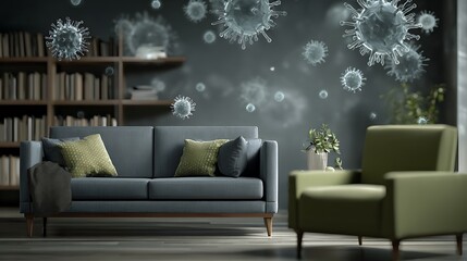 Interior view of living room with couch, armchair, bookcase, and floating virus particles