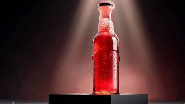 Chilled raspberry soda bottle on dark backdrop with dramatic lighting