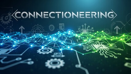 Fototapeta premium CONNECTIONEERING Concept: Digital Network and Engineering Background with Glowing Nodes, Circuitry, and Data Flow.