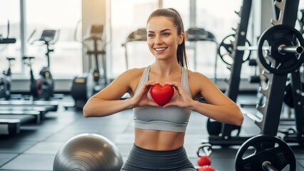 Fototapeta premium Fit woman holding red heart shape in gym space
