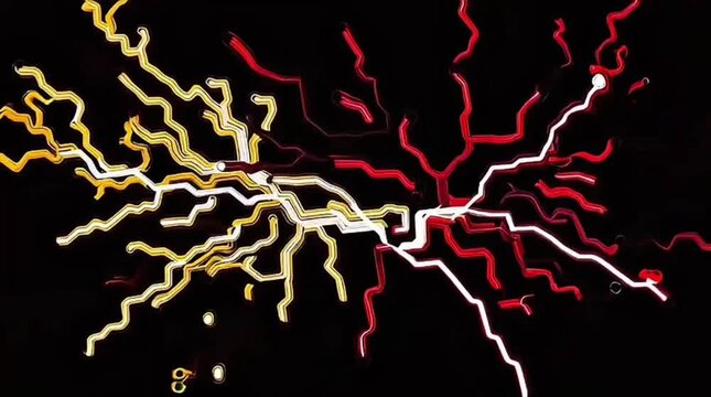 Abstract video effect with segmented glowing lines slowly spreading across a black background. Stepped luminous paths gently expand and branch, forming an organic digital light pattern.
