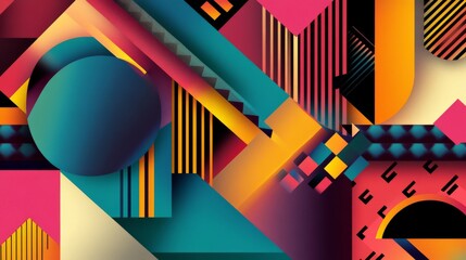 Modern geometric design with bold colors and abstract patterns creates a striking visual in a vibrant digital art piece set in a contemporary space