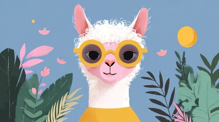 Obraz premium Cute llama wearing yellow glasses and yellow shirt surrounded by plants under a blue sky