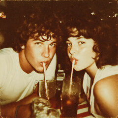 Gar&ccedil;on et fille buvant un soda avec une paille dans un bar