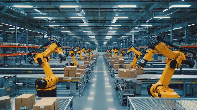  Conveyor belts move continuously while robotic arms sort items precisely The camera dollies slowly forward Mechanical motion remains synchronized Cinematic realism