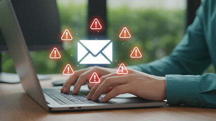 Person typing on laptop with warning signs around email icon