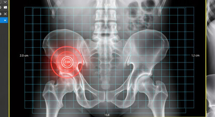 Human hip x-ray showing pelvic bones with a highlighted painful area and measured in grid.
