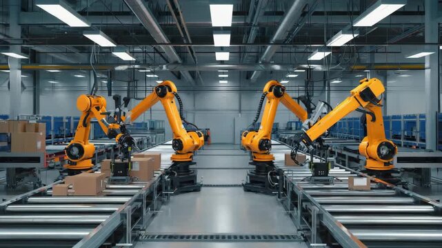  Conveyor belts move continuously while robotic arms sort items precisely The camera dollies slowly forward Mechanical motion remains synchronized Cinematic realism