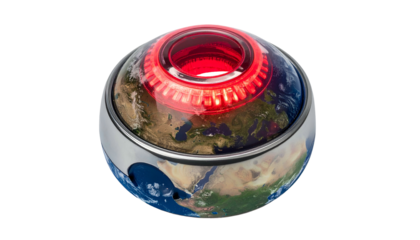 A 3D render of the Earth within a clear dome, with a red glowing ring. The globe is sectioned