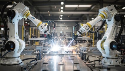 Medium shot of robotic arms welding metal components in a hightech manufacturing environment with sparks flying and precise automated movements.