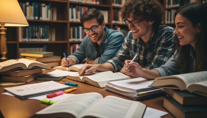 Hardworking Students Jotting Notes In Peaceful Library Environment, Focused Individuals Collaboratively Studying Using Textbooks And Highlighters In Quiet Library Setting
