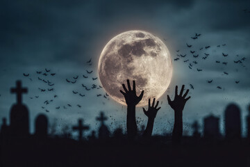 Eerie night scene with silhouetted hands rising from graveyard against full moon and flying bats under dark spooky sky background
