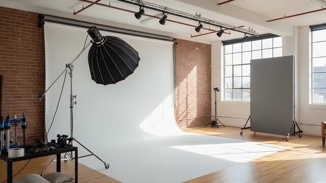 photography studio with white seamless backdrop, brick walls, and softbox lighting