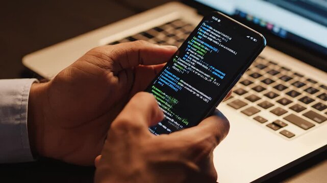 Person coding on smartphone near laptop