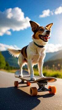Enthusiastic dog skateboarding down a sunny mountain road, enjoying an outdoor recreational activity with scenic background.