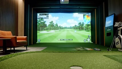 Indoor Golf Simulator with Putting Green and Laptop