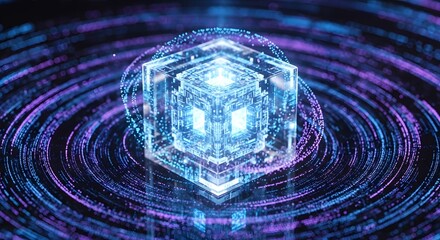 Abstract glowing blue quantum cube floats suspended within swirling vortex of digital purple and cyan data streams representing advanced technology.