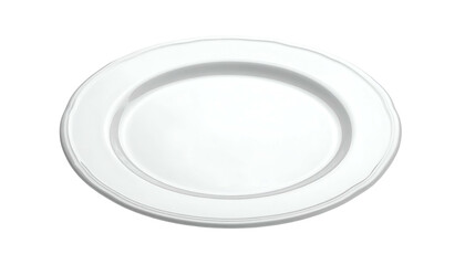 A 3D render of a clean, white, ceramic plate. It has a slightly raised rim and a recessed central area. The plate is on a black background