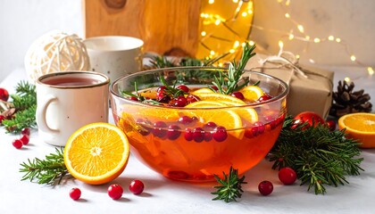 Christmas cheer displayed with oranges, cranberries, greenery, and warm lighting. A festive, inviting atmosphere