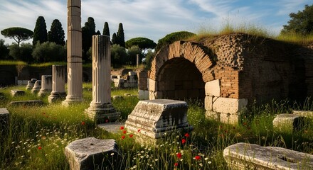 Ancient roman ruins with weathered marble columns stand tall amidst overgrown green grass and vibrant red and white wildflowers under a bright sky.
