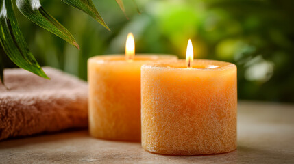 Two aromatic orange candles flickering softly on a table surrounded by green foliage and a brown towel for a serene and calming atmosphere