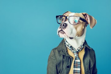 Dog wears stylish jacket, tie, and glasses while posing for a banner with space for text on the right side in a bright setting