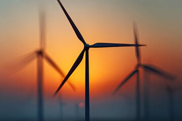 Fototapeta premium Wind turbines silhouetted against a vibrant sunset sky, blades blurred by motion