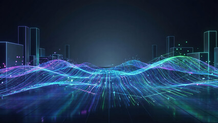 Futuristic Cityscape Data Flow Visualization with Neon Lines and Abstract Architecture