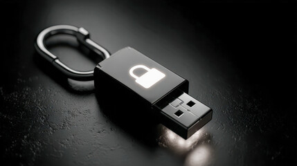 Black usb flash drive designed as a padlock with illuminated lock symbol symbolizing data security and digital privacy on dark textured surface