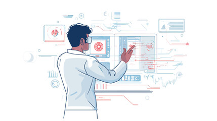 Man in lab coat interacting with digital interface.