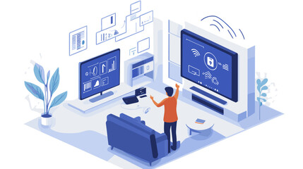 Man Interacting with Multiple Computer Screens.