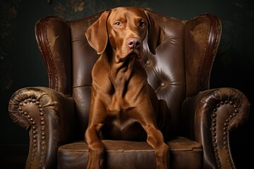 Regal brown vizsla dog posing proudly on an aged leather armchair indoors