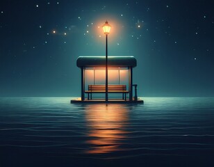 empty bus stop floating on dark quiet sea single warm street lamp glowing