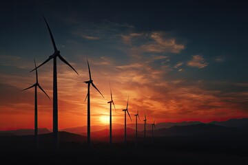 Obraz premium Silhouetted wind turbines against a vibrant sunset over a mountainous horizon
