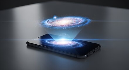 Smartphone projecting a three dimensional holographic galaxy above its screen illustrating advanced future mobile technology concepts