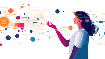 Woman Interacting with Virtual Interface Elements.