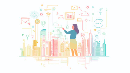 Woman Interacting with Digital Cityscape Illustration.