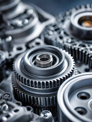 Obraz premium Detailed view of interlocking steel gears and mechanical components in an industrial machine symbolizing precision engineering and advanced technology concepts