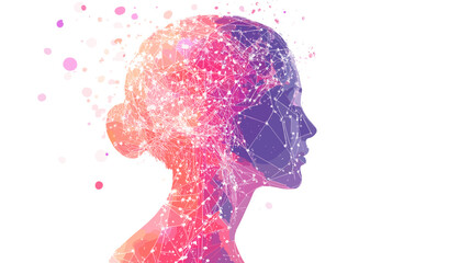 Woman Profile Made of Colorful Particles.