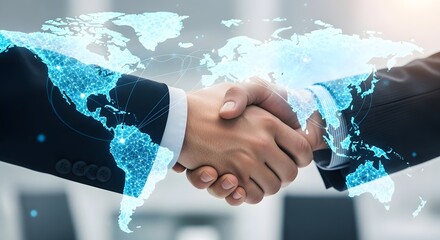 Global business agreement sealed with a firm handshake overlaid by a bright blue holographic world map projection representing connection and finance.