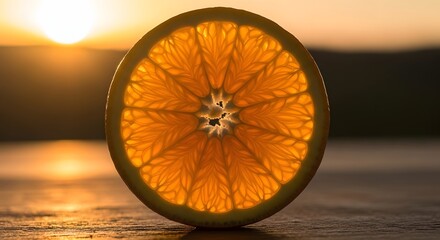 Backlit slice of vibrant orange fruit glows intensely against a warm golden hour sunset backdrop outdoors.